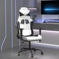 vidaXL Silla gaming con reposapiés cuero sintético blanco negro Blanco y negro Sale