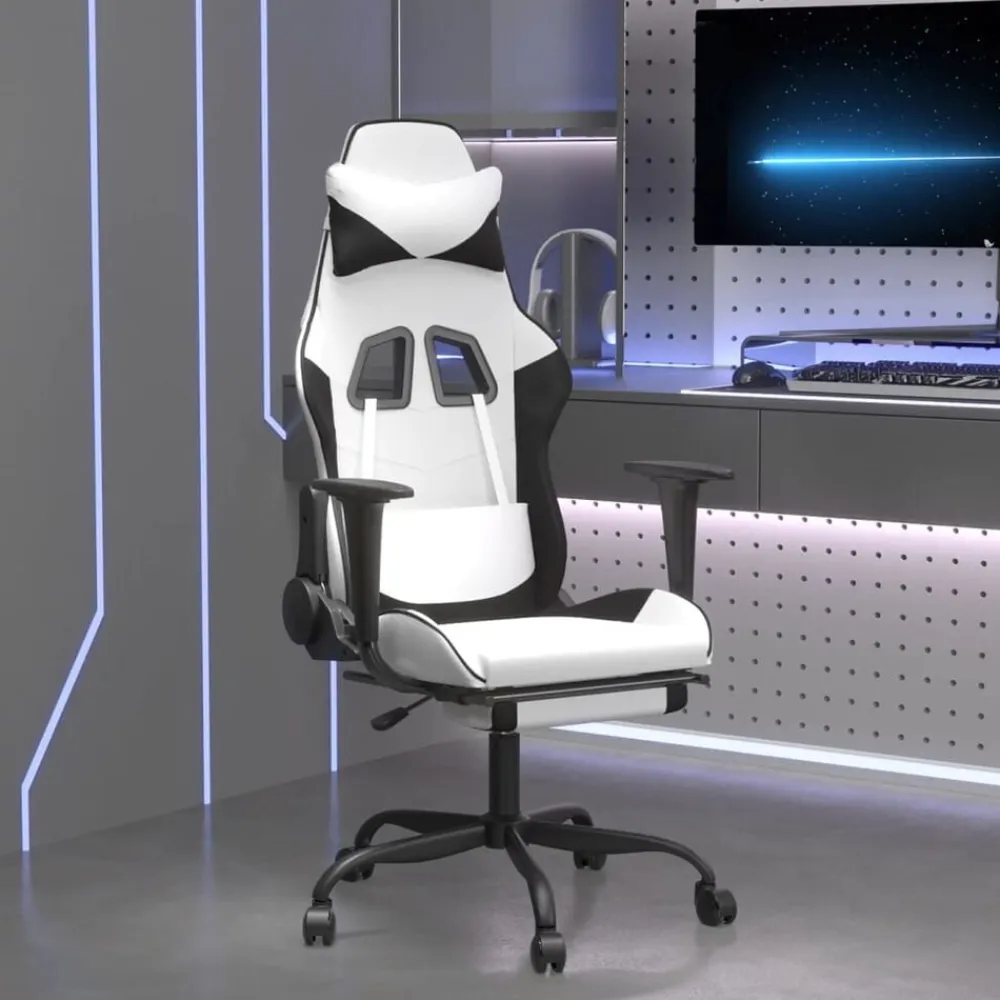vidaXL Silla gaming con reposapiés cuero sintético blanco negro Blanco y negro Sale