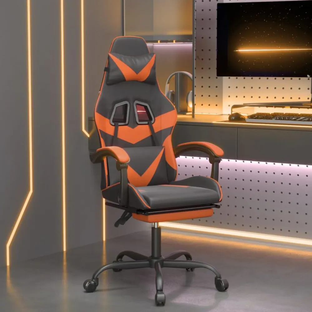 vidaXL Sillas-Silla gaming con reposapiés cuero sintético negro naranja