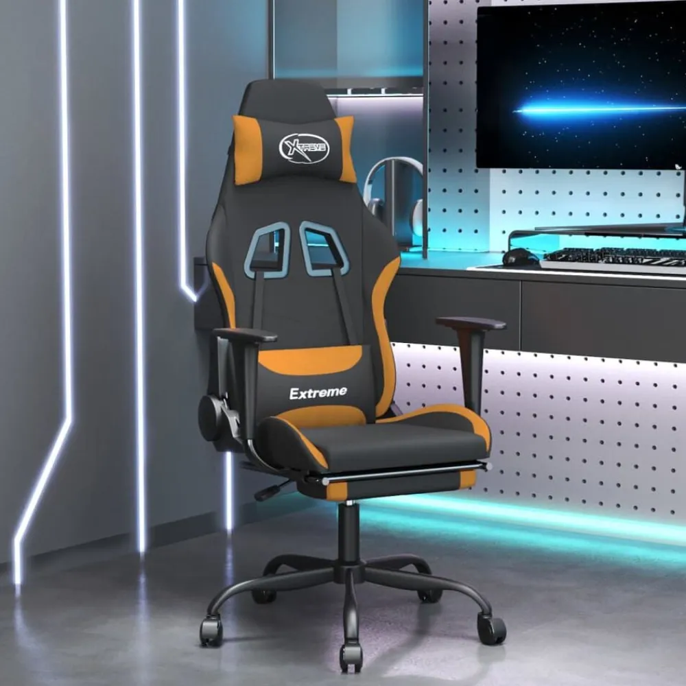 vidaXL Sillas-Silla gaming con reposapiés tela negro y naranja