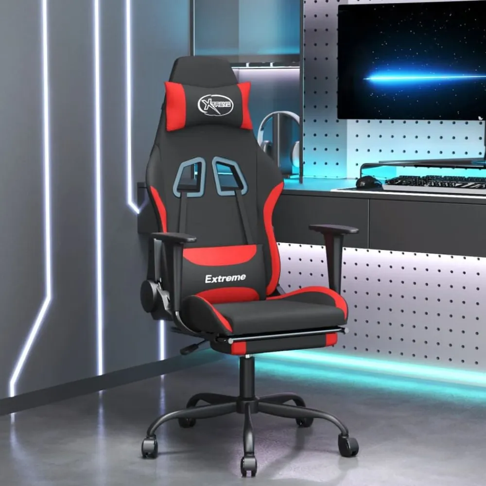 vidaXL Sillas-Silla gaming de masaje con reposapiés tela negro y