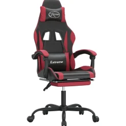 vidaXL Silla gaming giratoria y reposapiés cuero sintético Negro y rojo tinto