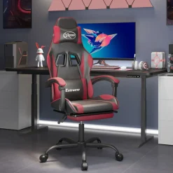 vidaXL Silla gaming giratoria y reposapiés cuero sintético Negro y rojo tinto