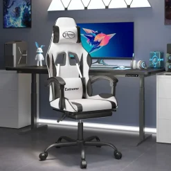 vidaXL Sillas-Silla gaming giratoria reposapiés cuero sintético blanco negro