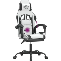 vidaXL Sillas-Silla gaming giratoria reposapiés cuero sintético blanco negro