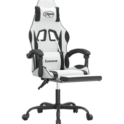vidaXL Sillas-Silla gaming giratoria reposapiés cuero sintético blanco negro