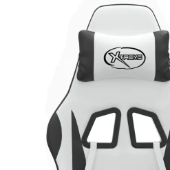 vidaXL Sillas-Silla gaming giratoria reposapiés cuero sintético blanco negro