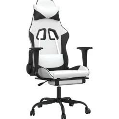 vidaXL Sillas-Silla gaming masaje y reposapiés cuero sintético negro blanco