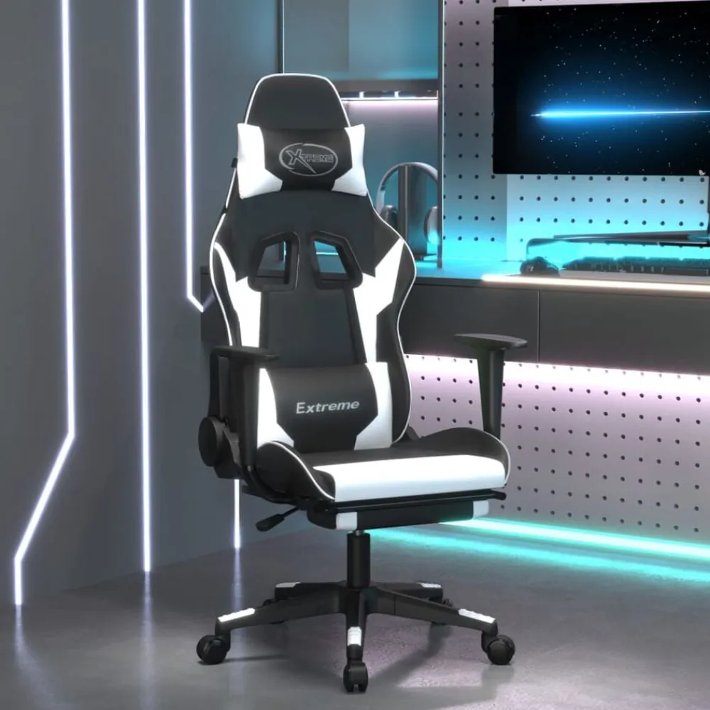 vidaXL Sillas-Silla gaming masaje y reposapiés cuero sintético negro blanco