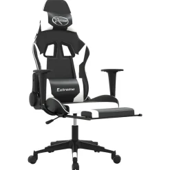 vidaXL Sillas-Silla gaming masaje y reposapiés cuero sintético negro blanco