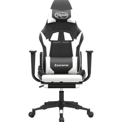 vidaXL Sillas-Silla gaming masaje y reposapiés cuero sintético negro blanco