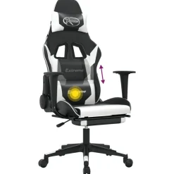 vidaXL Sillas-Silla gaming masaje y reposapiés cuero sintético negro blanco