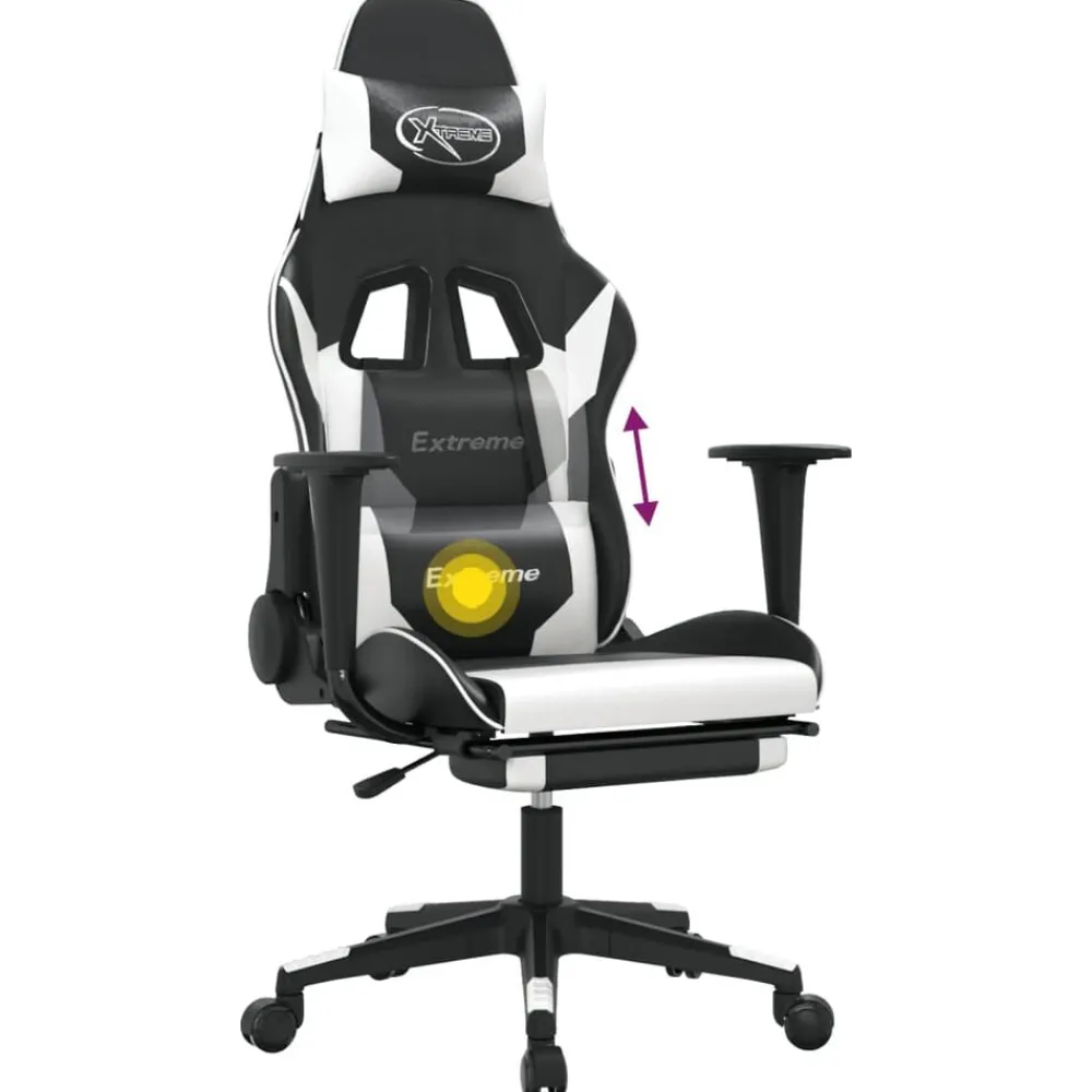 vidaXL Sillas-Silla gaming masaje y reposapiés cuero sintético negro blanco