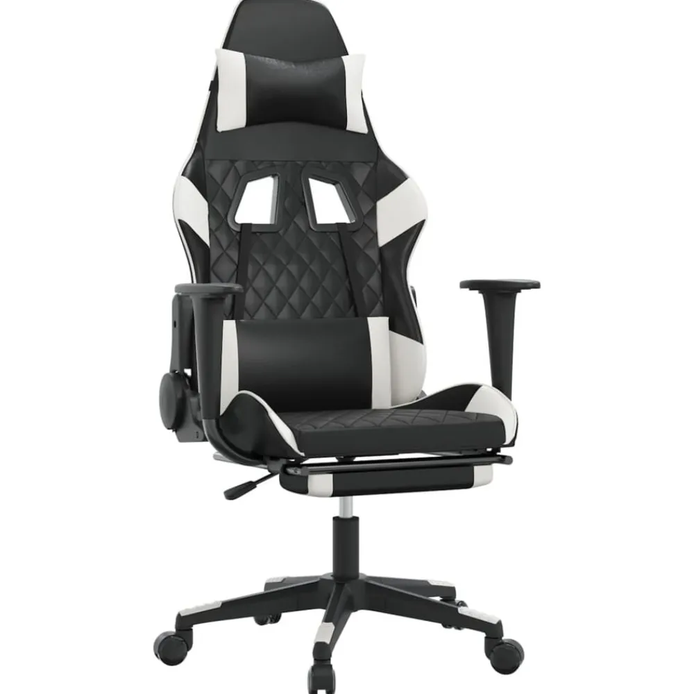vidaXL Sillas-Silla gaming masaje y reposapiés cuero sintético negro blanco