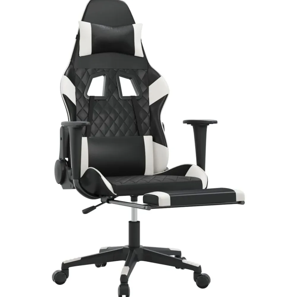 vidaXL Sillas-Silla gaming masaje y reposapiés cuero sintético negro blanco