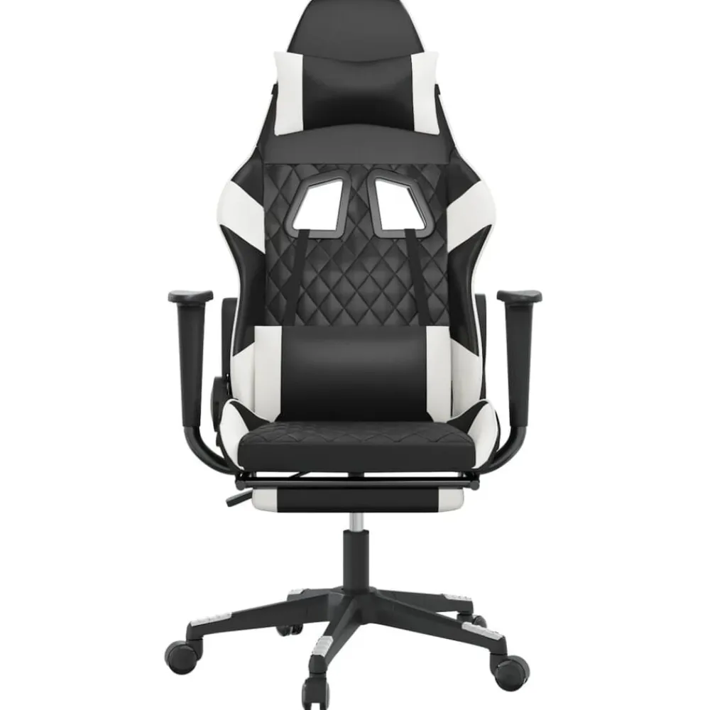 vidaXL Sillas-Silla gaming masaje y reposapiés cuero sintético negro blanco
