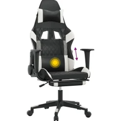 vidaXL Sillas-Silla gaming masaje y reposapiés cuero sintético negro blanco