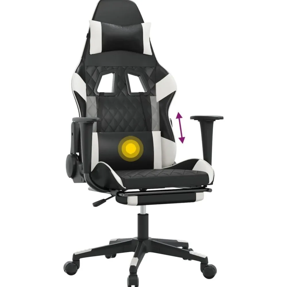 vidaXL Sillas-Silla gaming masaje y reposapiés cuero sintético negro blanco