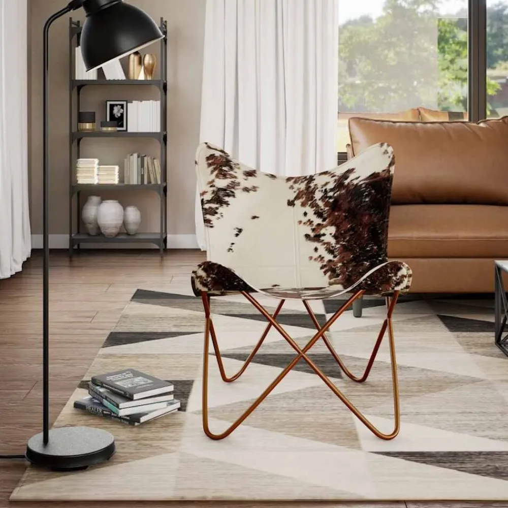 vidaXL Silla mariposa de cuero auténtico marrón y blanco Marrón y blanco Best