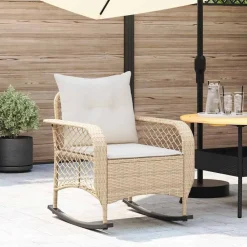 vidaXL Muebles De Jardín-Silla mecedora de jardín con cojines ratán sintético beige