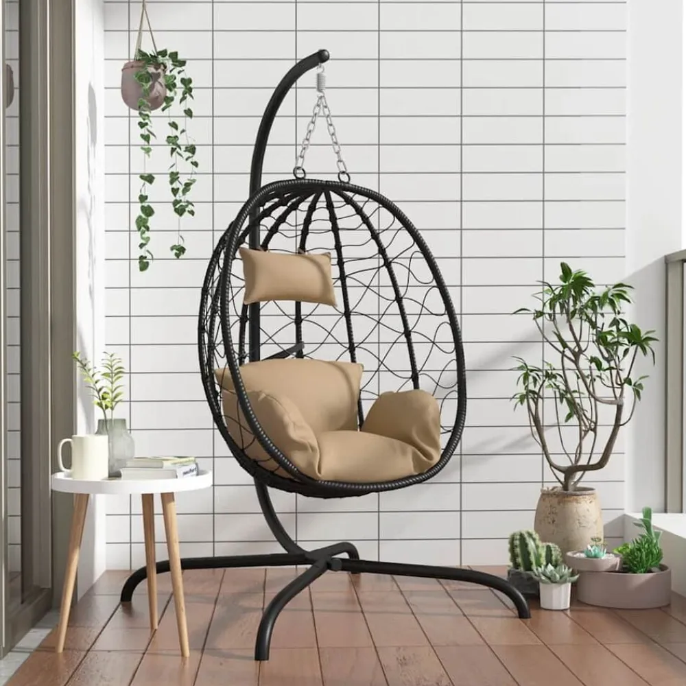 vidaXL Jardín-Sillón colgante con forma de huevo con cojín de ratán sintético y acero color topo