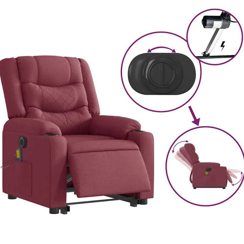 vidaXL Sillón de masaje eléctrico reclinable elevable tela rojo tinto Rojo vino tinto Online