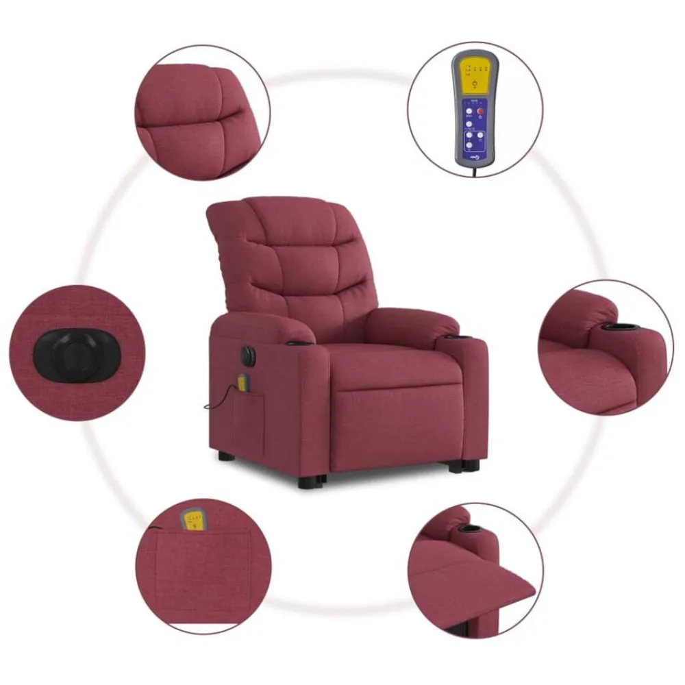 vidaXL Sillas-Sillón de masaje elevable eléctrico tela rojo tinto