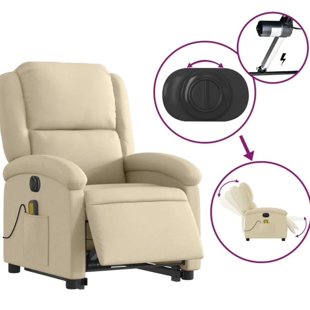 vidaXL Sillón de masaje eléctrico reclinable elevable tela Crema New