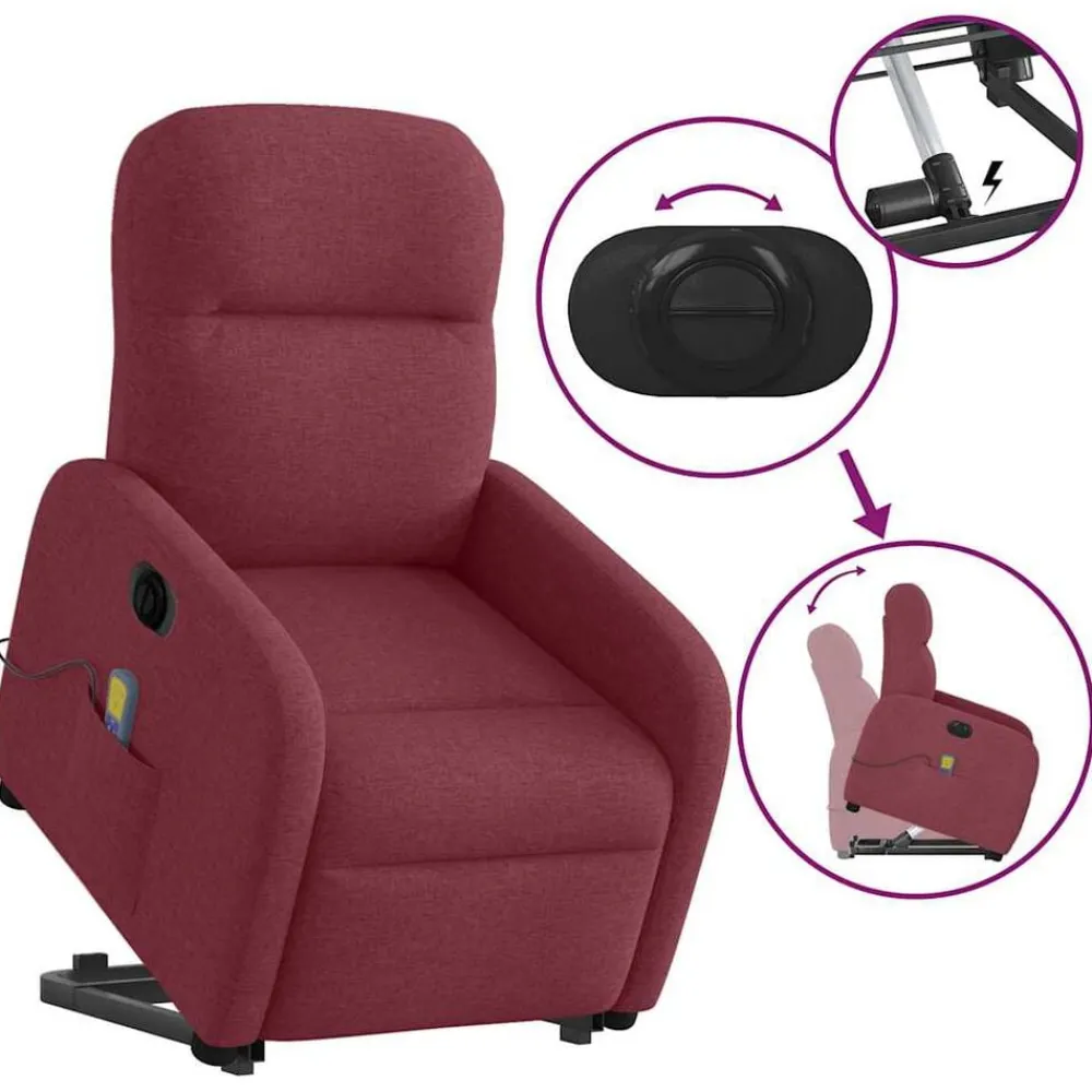 vidaXL Sillón de masaje eléctrico reclinable elevable tela rojo tinto Rojo vino tinto Discount