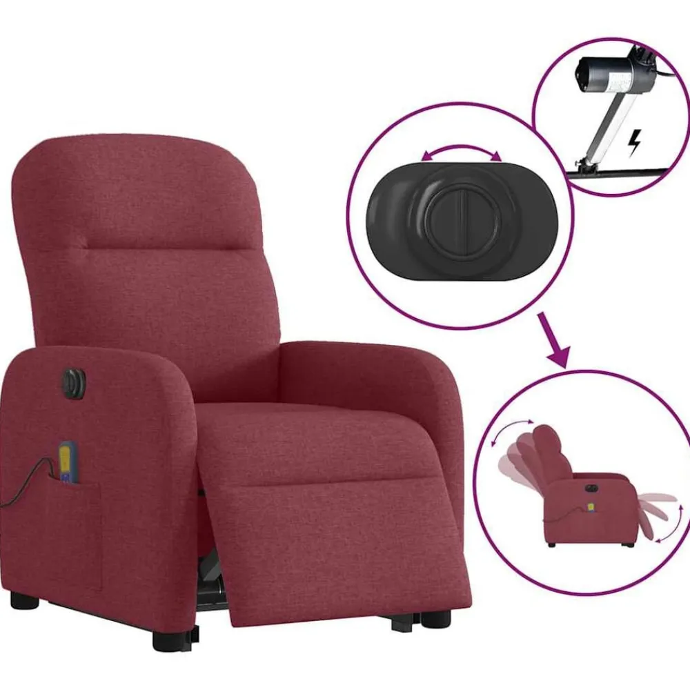 vidaXL Sillón de masaje eléctrico reclinable elevable tela rojo tinto Rojo vino tinto Discount