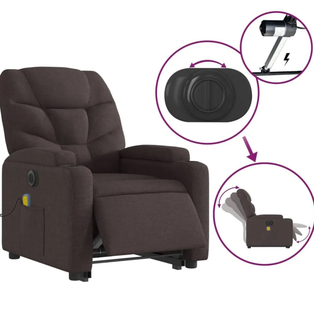 vidaXL Sillas-Sillón masaje eléctrico reclinable elevable tela marrón oscuro