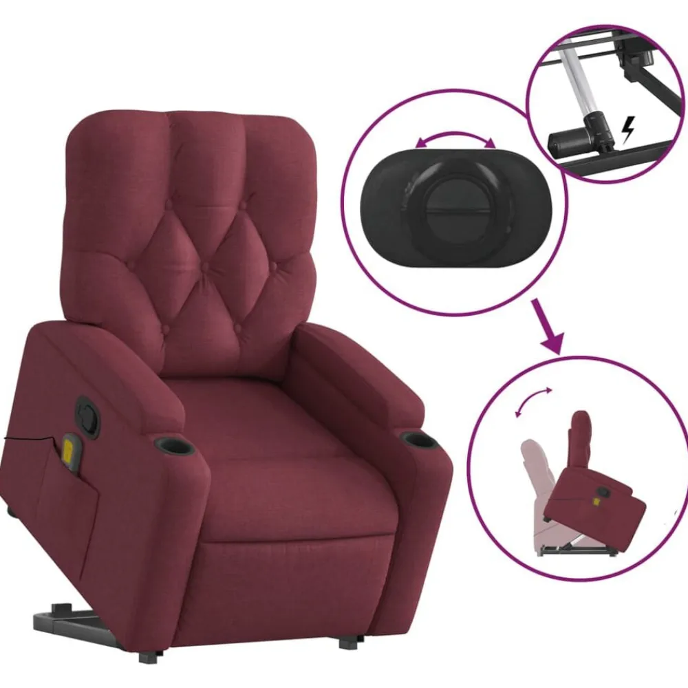 vidaXL Sillón reclinable de masaje elevable tela rojo tinto Rojo vino tinto New
