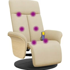vidaXL Sillón reclinable de masaje con reposapiés tela color Crema Clearance