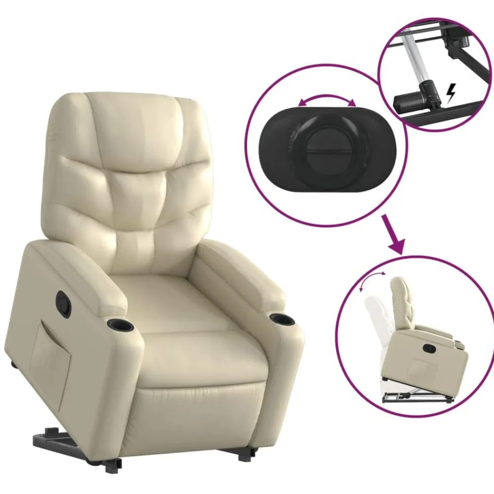 vidaXL Sillón reclinable elevable cuero artificial color Crema Clearance