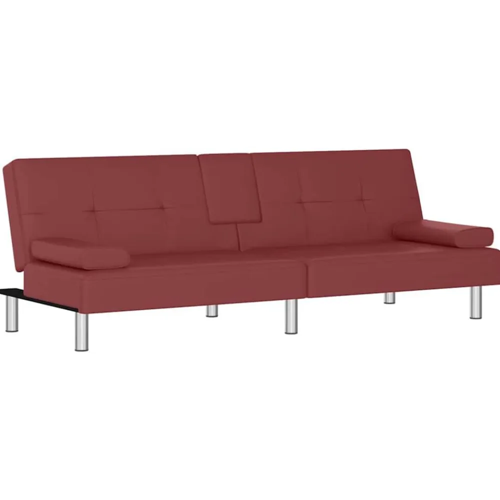 vidaXL Sofás-Sofá cama con portavasos cuero sintético rojo tinto