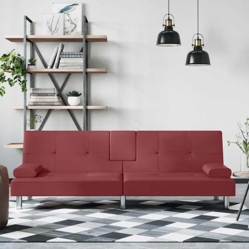 vidaXL Sofás-Sofá cama con portavasos cuero sintético rojo tinto