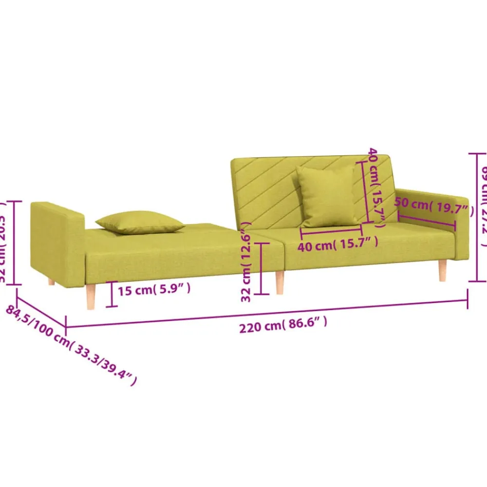 vidaXL Sofá cama de 2 plazas con dos almohadas tela Verde Discount