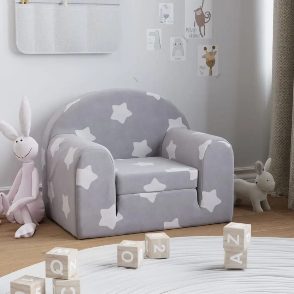 Niños vidaXL Mobiliario Para Bebés Y Niños Pequeños-Sofá cama de niños felpa suave gris claro con estrellas