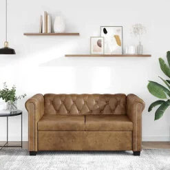 vidaXL Sofás-Sofá Chesterfield de 2 plazas cuero sintético marrón