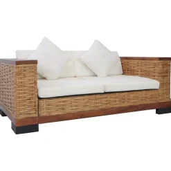 vidaXL Sofás-Sofá de 2 plazas con cojines ratán natural marrón