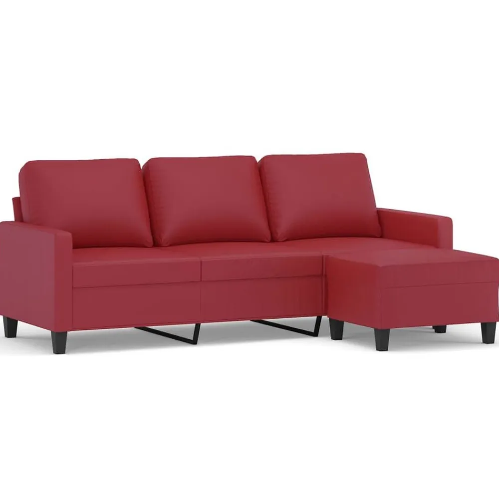 vidaXL Sofás-Sofá de 3 plazas con taburete cuero sintético rojo tinto 180 cm