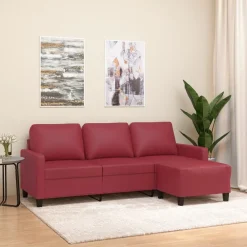 vidaXL Sofás-Sofá de 3 plazas con taburete cuero sintético rojo tinto 180 cm