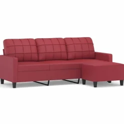 vidaXL Sofás-Sofá de 3 plazas con taburete cuero sintético rojo tinto 180 cm