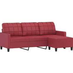 vidaXL Sofás-Sofá de 3 plazas con taburete cuero sintético rojo tinto 180 cm