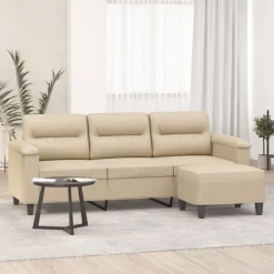 vidaXL Sofá de 3 plazas y taburete tela microfibra 180 cm Crema Online