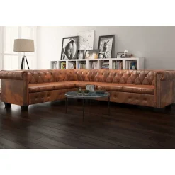 vidaXL Sofás-Sofá de esquina Chesterfield 6 plazas cuero artificial marrón