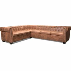 vidaXL Sofás-Sofá de esquina Chesterfield 6 plazas cuero artificial marrón