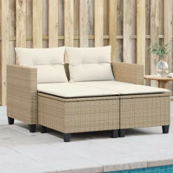 vidaXL Sofá de jardín 2 plazas con toldo y taburetes ratán PE beige beige y crema Discount