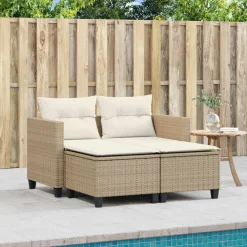 vidaXL Sofá de jardín 2 plazas con toldo y taburetes ratán PE beige beige y crema Discount