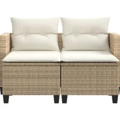 vidaXL Sofá de jardín 2 plazas con toldo y taburetes ratán PE beige beige y crema Discount